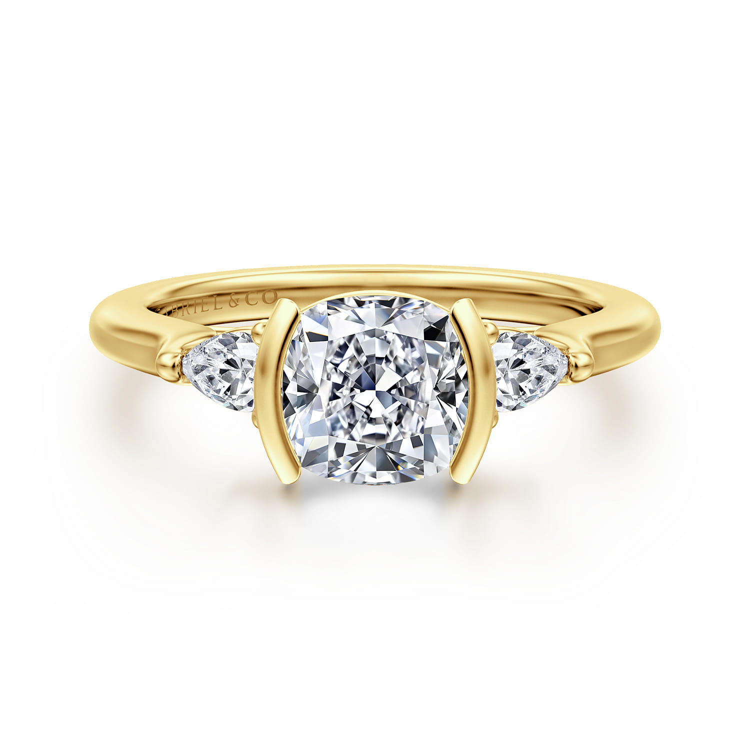 Alesandra - 14K Yellow Gold Half Bezel Cushion Cut Three Stone Diamond Engagement Ring