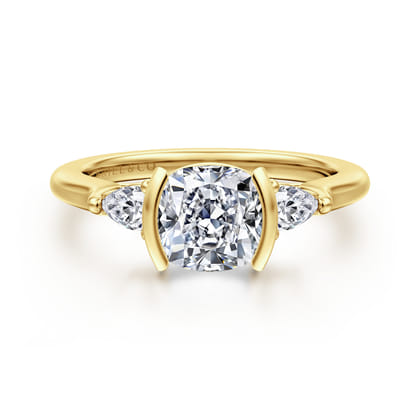 Alesandra - 14K Yellow Gold Half Bezel Cushion Cut Three Stone Diamond Engagement Ring