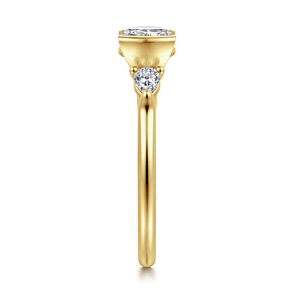 Alesandra - 14K Yellow Gold Half Bezel Cushion Cut Three Stone Diamond Engagement Ring