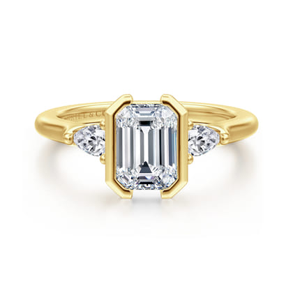 Alesandra - 14K Yellow Gold Half Bezel Emerald Cut Three Stone Diamond Engagement Ring