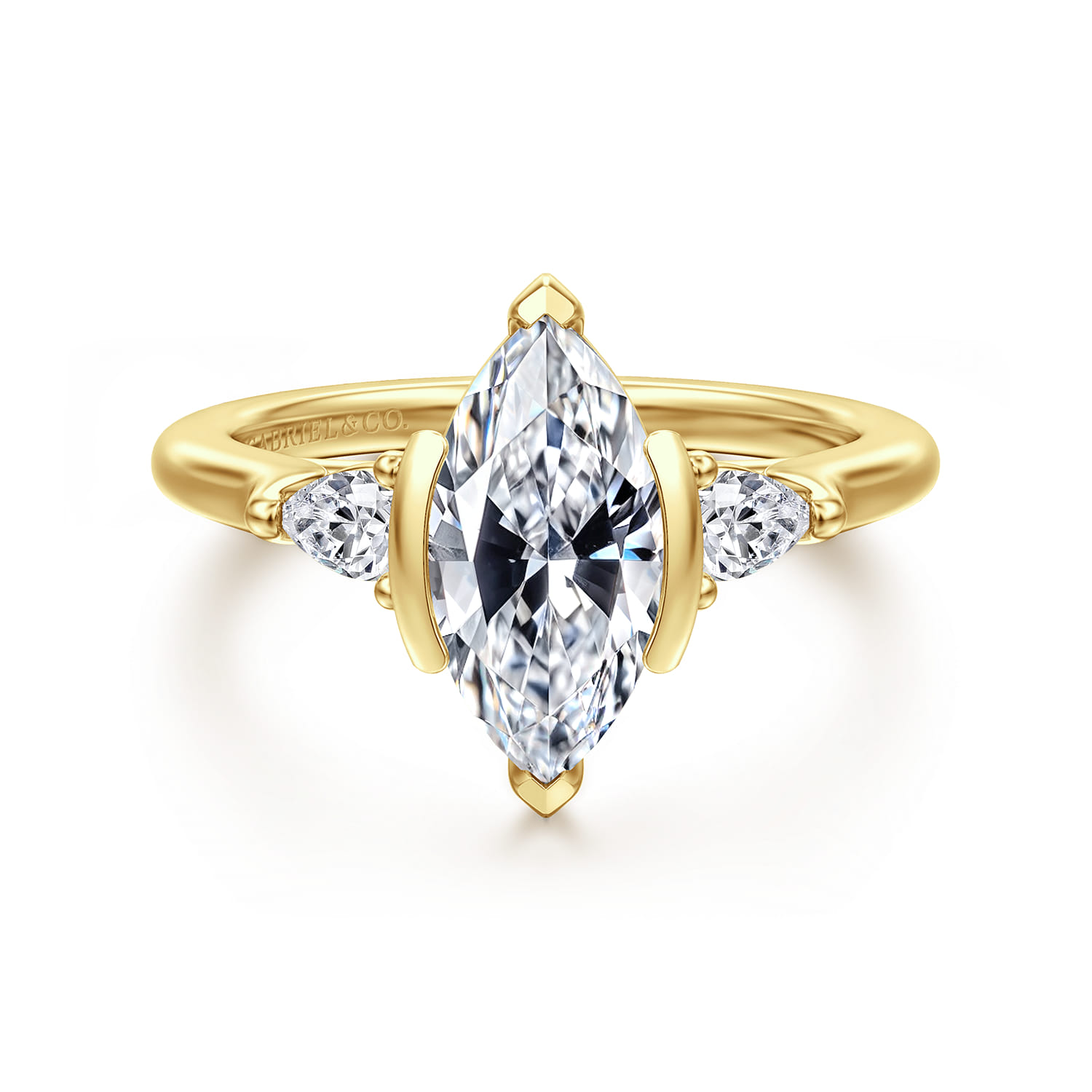 Alesandra - 14K Yellow Gold Half Bezel Marquise Shape Three Stone Diamond Engagement Ring