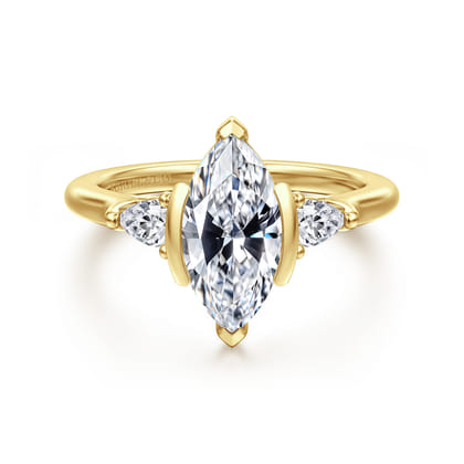Alesandra - 14K Yellow Gold Half Bezel Marquise Shape Three Stone Diamond Engagement Ring