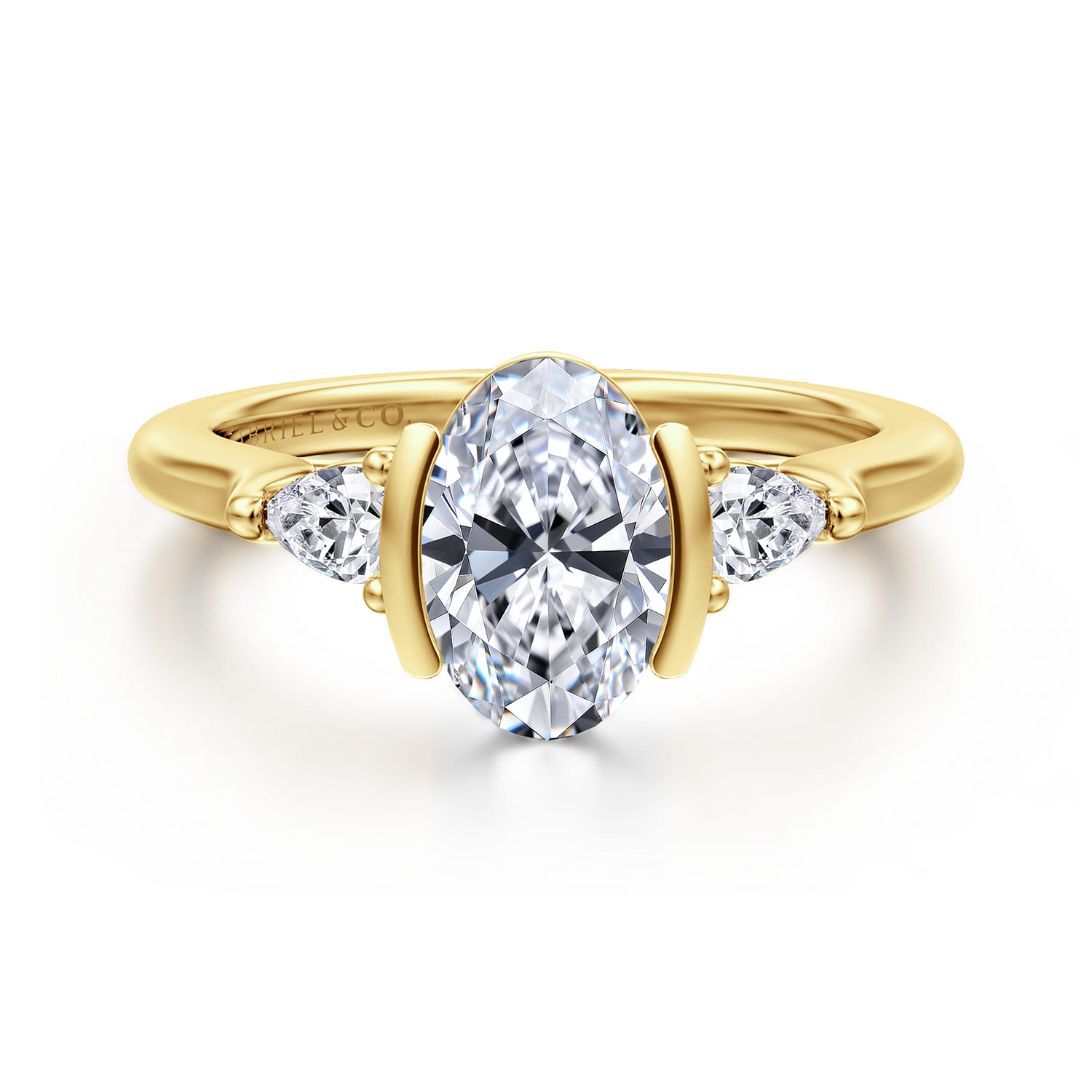 Alesandra - 14K Yellow Gold Half Bezel Oval Three Stone Diamond Engagement Ring