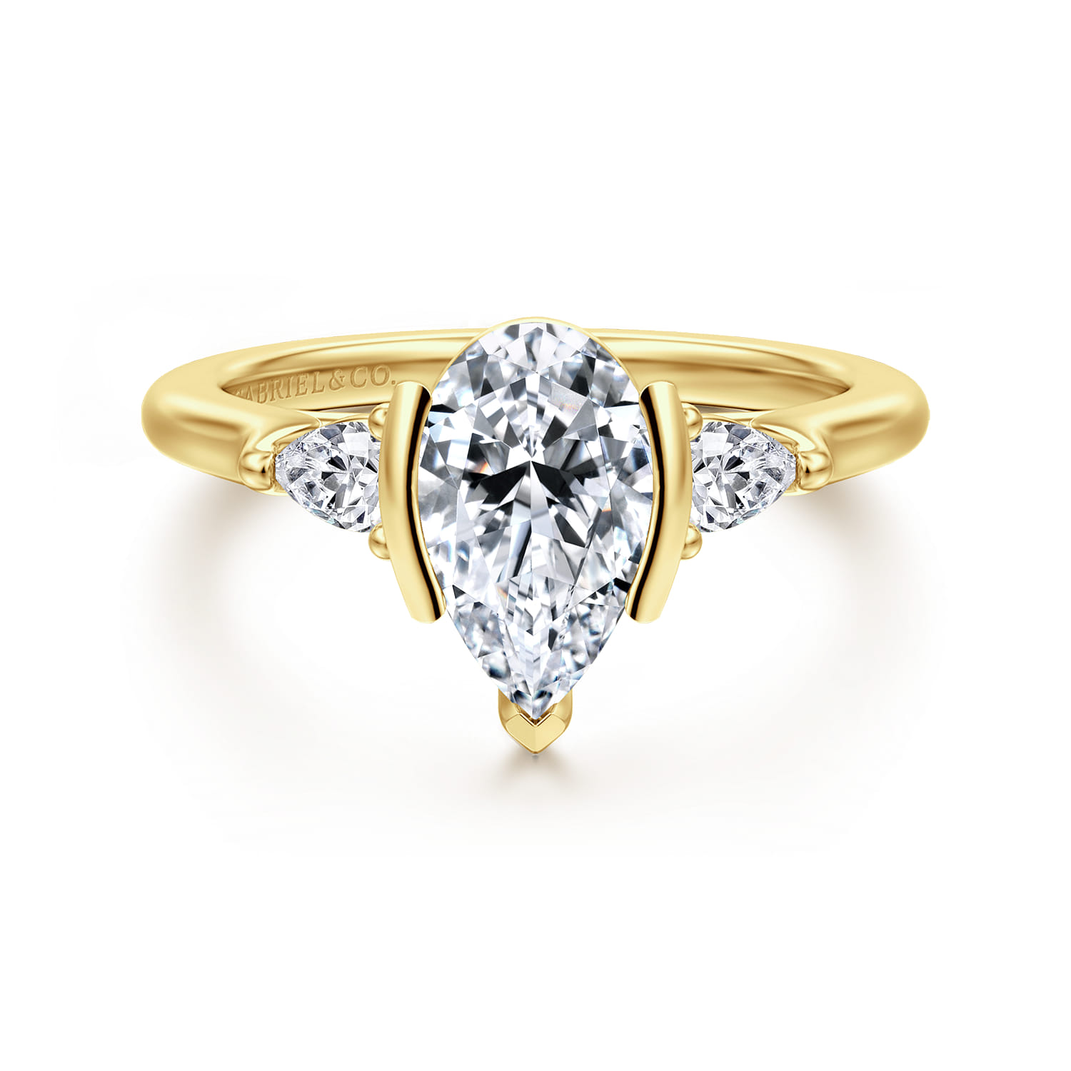 Alesandra - 14K Yellow Gold Half Bezel Pear Shape Three Stone Diamond Engagement Ring