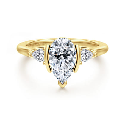 Alesandra - 14K Yellow Gold Half Bezel Pear Shape Three Stone Diamond Engagement Ring