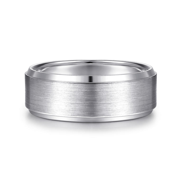 Alexander - 14K White Gold 8mm - Beveled Edge Men's Wedding Band in Satin Finish - Shot 1