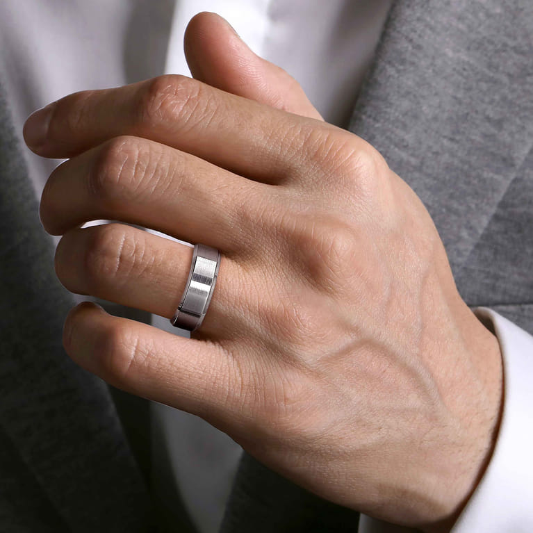 Alexander - 14K White Gold 8mm - Beveled Edge Men's Wedding Band in Satin Finish - Shot 5