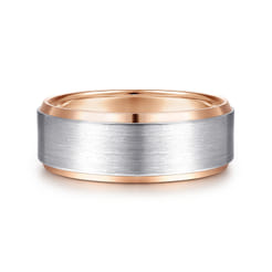 Alexander - 14K White-Rose Gold 8mm - Two Tone Beveled Edge Men's Wedding Band in Satin Finish