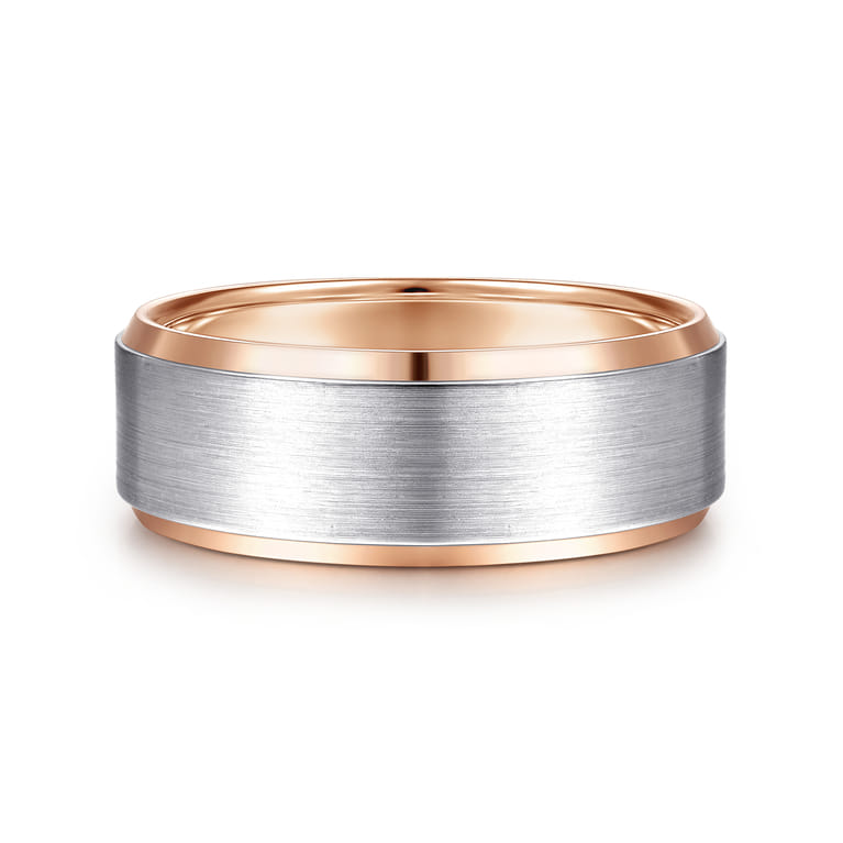 Alexander - 14K White-Rose Gold 8mm - Two Tone Beveled Edge Men's Wedding Band in Satin Finish - Shot 1