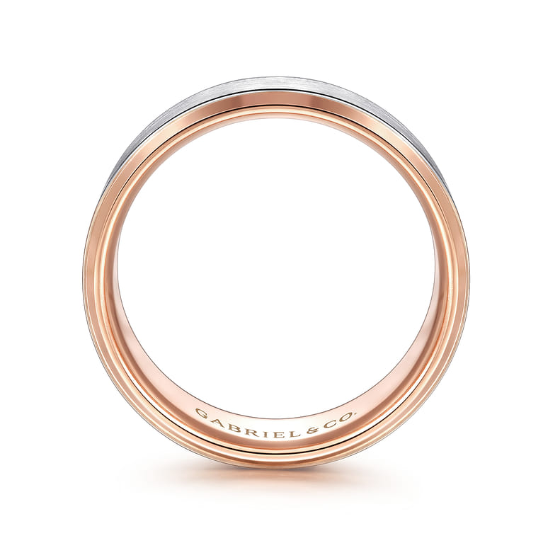 Alexander - 14K White-Rose Gold 8mm - Two Tone Beveled Edge Men's Wedding Band in Satin Finish - Shot 2