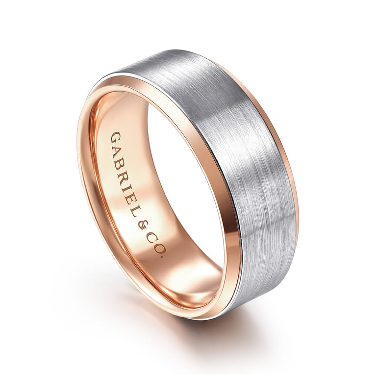 Alexander - 14K White-Rose Gold 8mm - Two Tone Beveled Edge Men's Wedding Band in Satin Finish - Shot 3