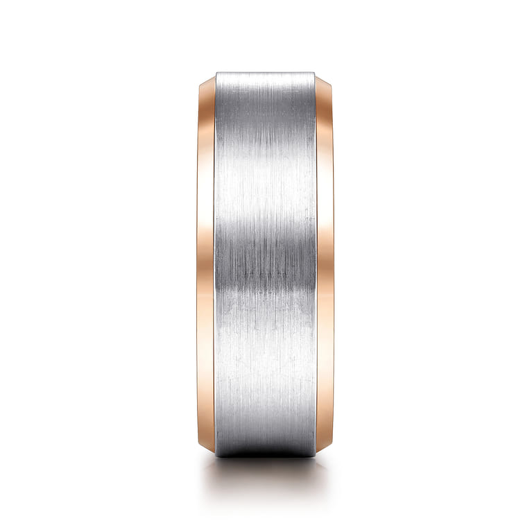 Alexander - 14K White-Rose Gold 8mm - Two Tone Beveled Edge Men's Wedding Band in Satin Finish - Shot 4