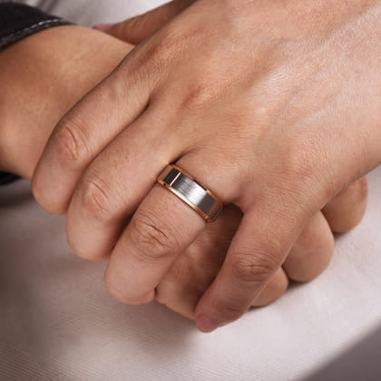 Alexander - 14K White-Rose Gold 8mm - Two Tone Beveled Edge Men's Wedding Band in Satin Finish