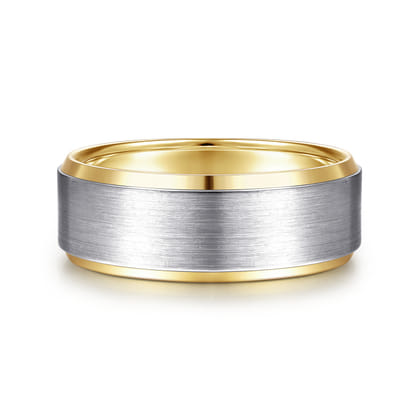 Alexander - 14K White-Yellow Gold 8mm - Two Tone Beveled Edge Men's Wedding Band in Satin Finish
