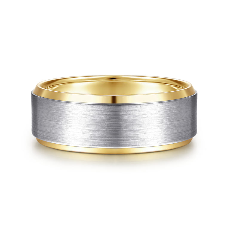 Alexander - 14K White-Yellow Gold 8mm - Two Tone Beveled Edge Men's Wedding Band in Satin Finish - Shot 1