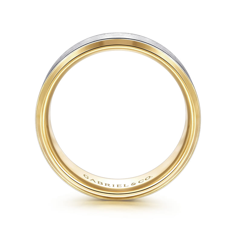 Alexander - 14K White-Yellow Gold 8mm - Two Tone Beveled Edge Men's Wedding Band in Satin Finish - Shot 2