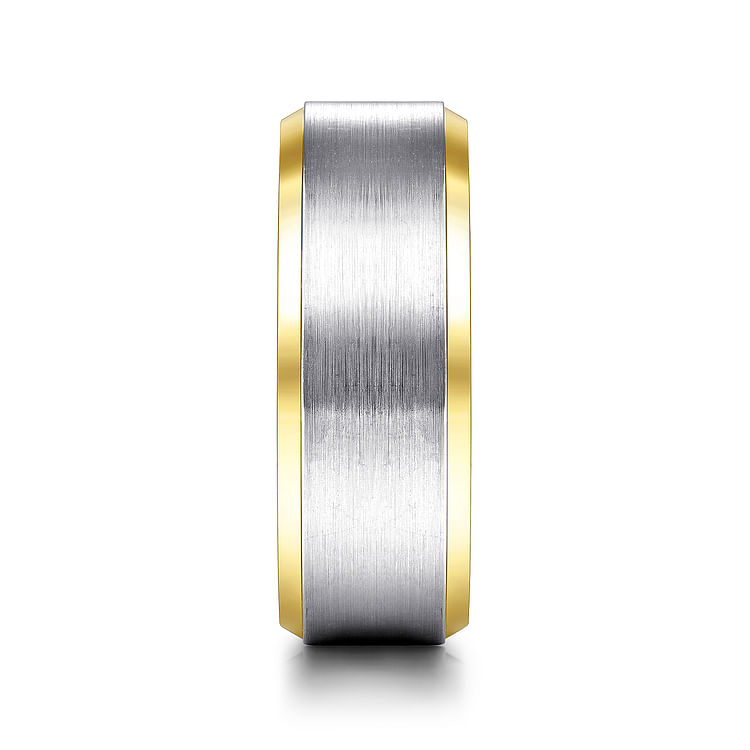 Alexander - 14K White-Yellow Gold 8mm - Two Tone Beveled Edge Men's Wedding Band in Satin Finish