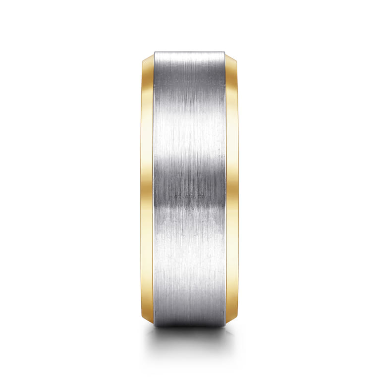 Alexander - 14K White-Yellow Gold 8mm - Two Tone Beveled Edge Men's Wedding Band in Satin Finish - Shot 4