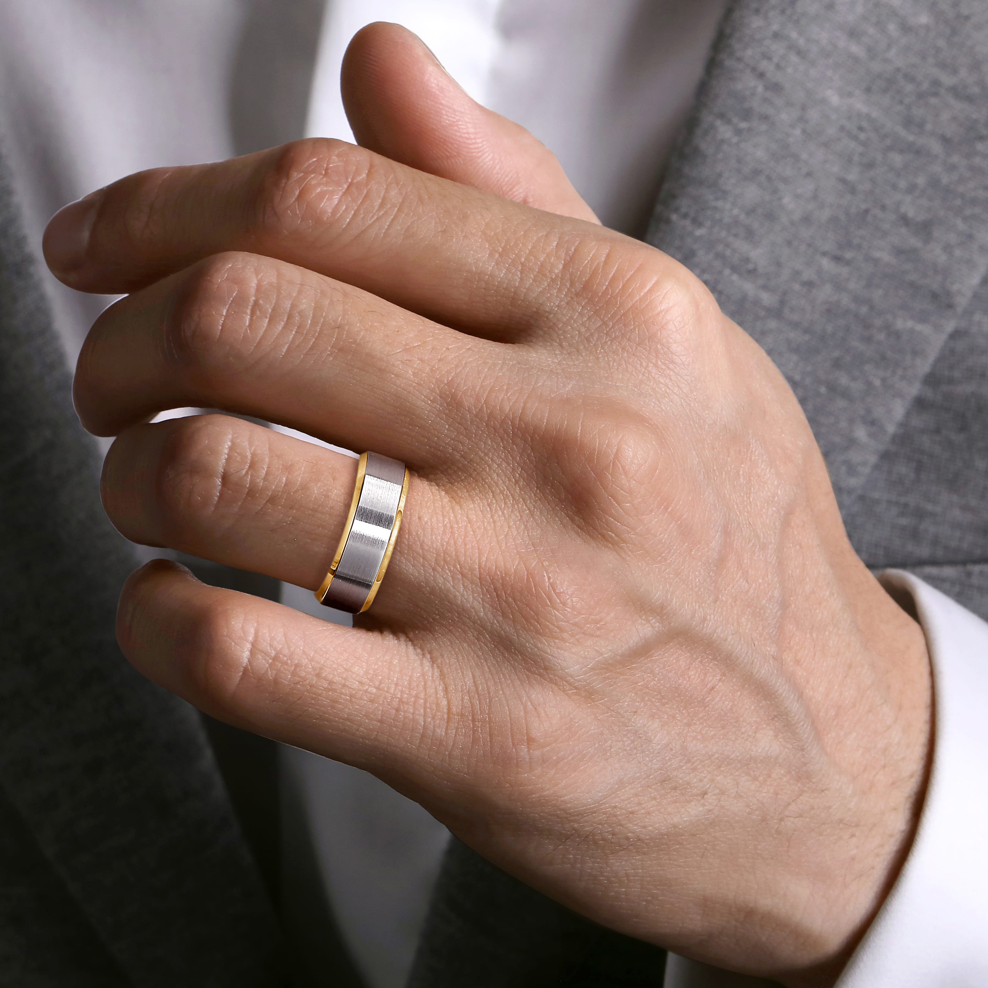 Alexander - 14K White-Yellow Gold 8mm - Two Tone Beveled Edge Men's Wedding Band in Satin Finish - Shot 5