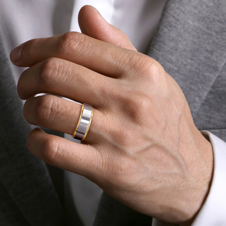 Alexander - 14K White-Yellow Gold 8mm - Two Tone Beveled Edge Men's Wedding Band in Satin Finish - Shot 5