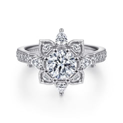 14K White Gold Floral Halo Round Diamond Engagement Ring