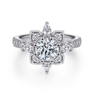 Alexandria - 14K White Gold Floral Halo Round Diamond Engagement Ring