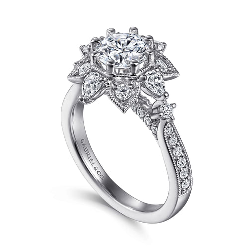 Alexandria - 14K White Gold Floral Halo Round Diamond Engagement Ring - 0.83 ct - Shot 3