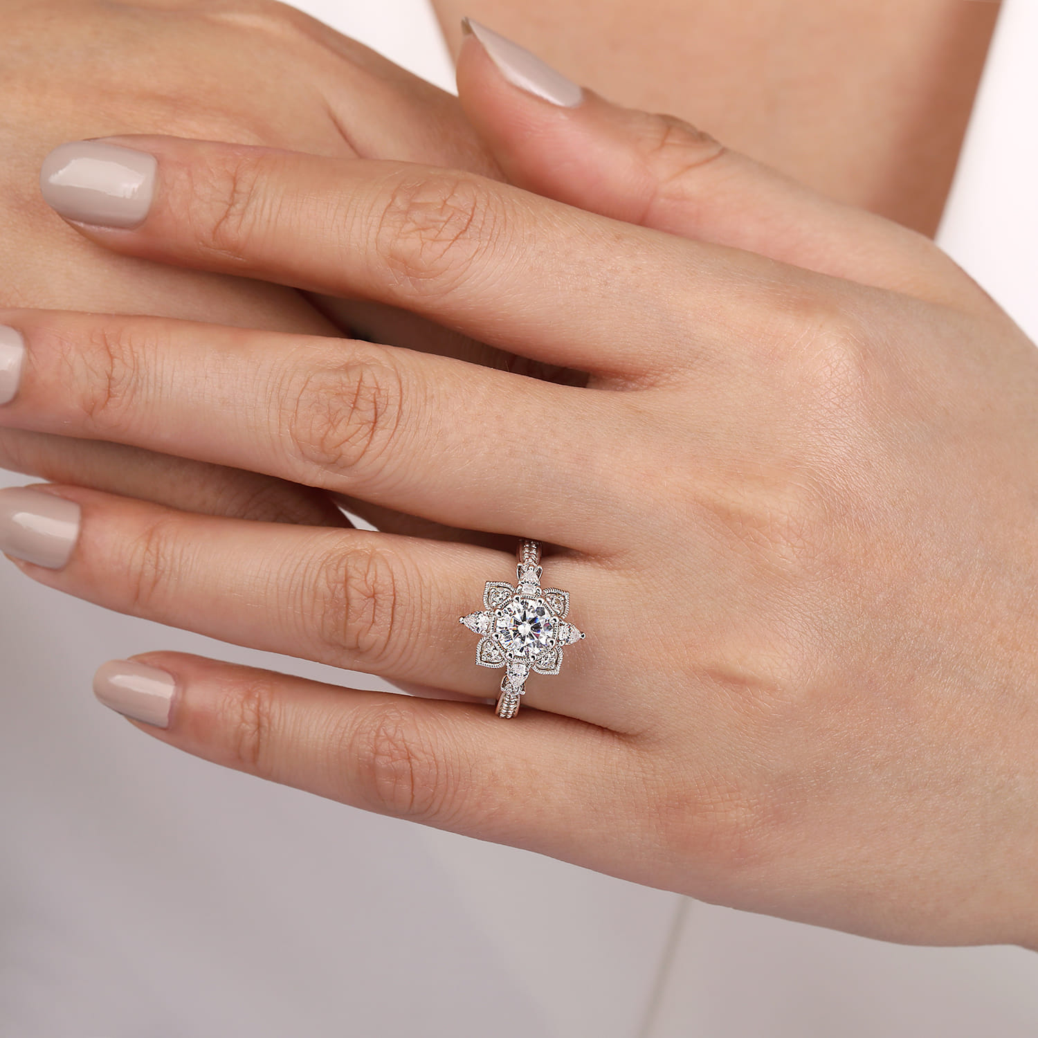 Alexandria - 14K White Gold Floral Halo Round Diamond Engagement Ring