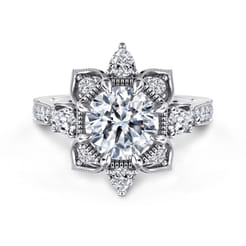 Alexandria - 14K White Gold Floral Halo Round Diamond Engagement Ring