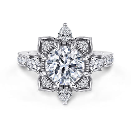 Alexandria - 14K White Gold Floral Halo Round Diamond Engagement Ring