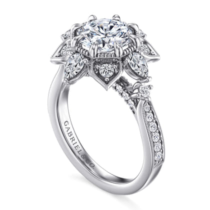 Alexandria - 14K White Gold Floral Halo Round Diamond Engagement Ring