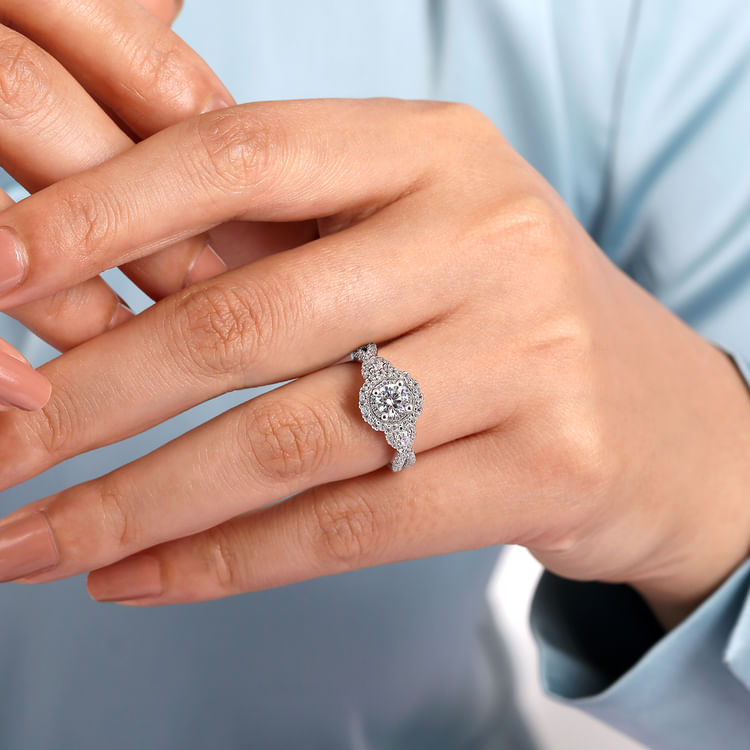 Alizay - 14K White-Rose Gold Round Double Halo Complete Diamond Engagement Ring