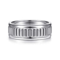 Allan - 14K White Gold 8mm - Carved Men's Wedding Band in High Polish Finish