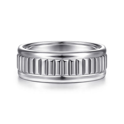 Allan - 14K White Gold 8mm - Carved Men's Wedding Band in High Polish Finish