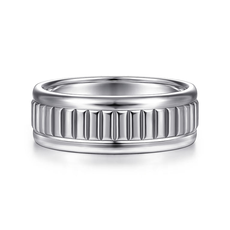 Allan - 14K White Gold 8mm - Carved Men's Wedding Band in High Polish Finish - Shot 1