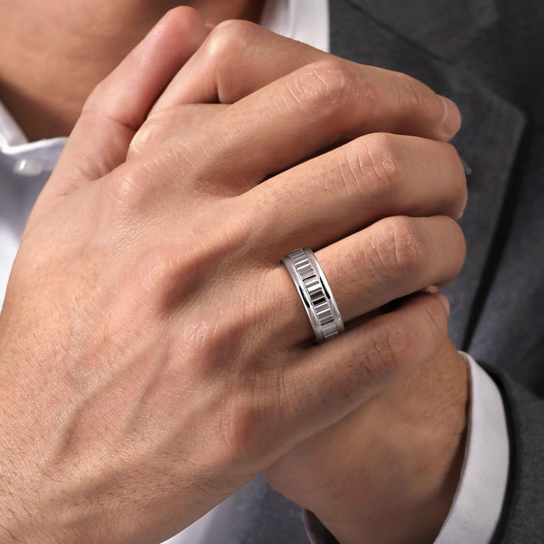 Allan - 14K White Gold 8mm - Carved Men's Wedding Band in High Polish Finish - Shot 5