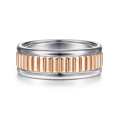 Allan - 14K White-Rose Gold 8mm - Two Tone Carved Men's Wedding Band in High Polish Finish