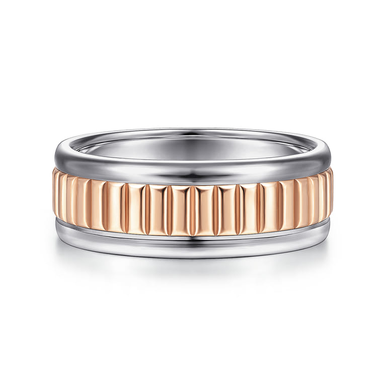 Allan - 14K White-Rose Gold 8mm - Two Tone Carved Men's Wedding Band in High Polish Finish - Shot 1
