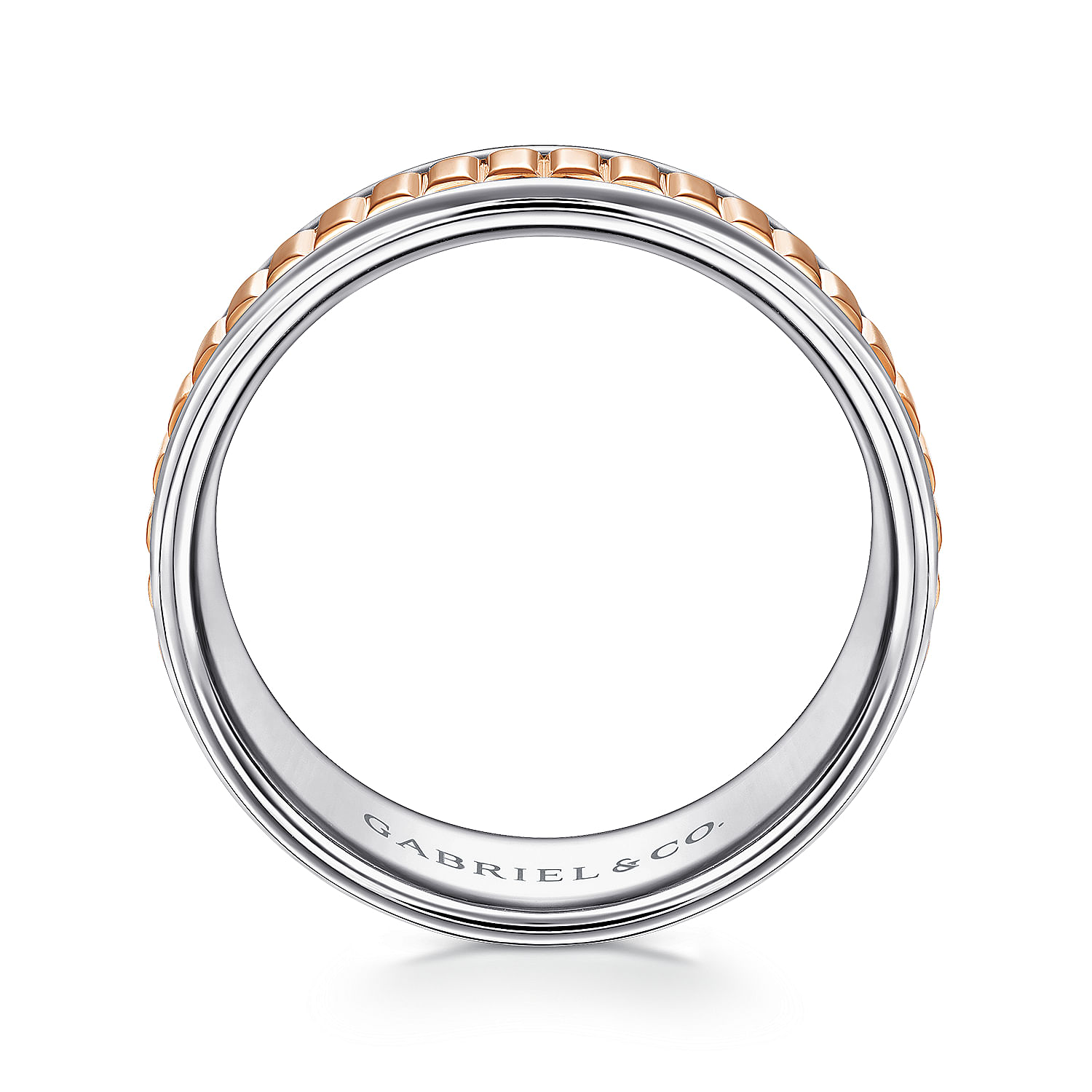 Allan - 14K White-Rose Gold 8mm - Two Tone Carved Men's Wedding Band in High Polish Finish - Shot 2