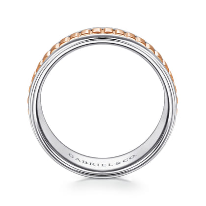 Allan - 14K White-Rose Gold 8mm - Two Tone Carved Men's Wedding Band in High Polish Finish