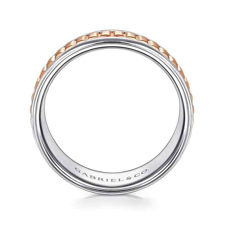 Allan - 14K White-Rose Gold 8mm - Two Tone Carved Men's Wedding Band in High Polish Finish - Shot 2
