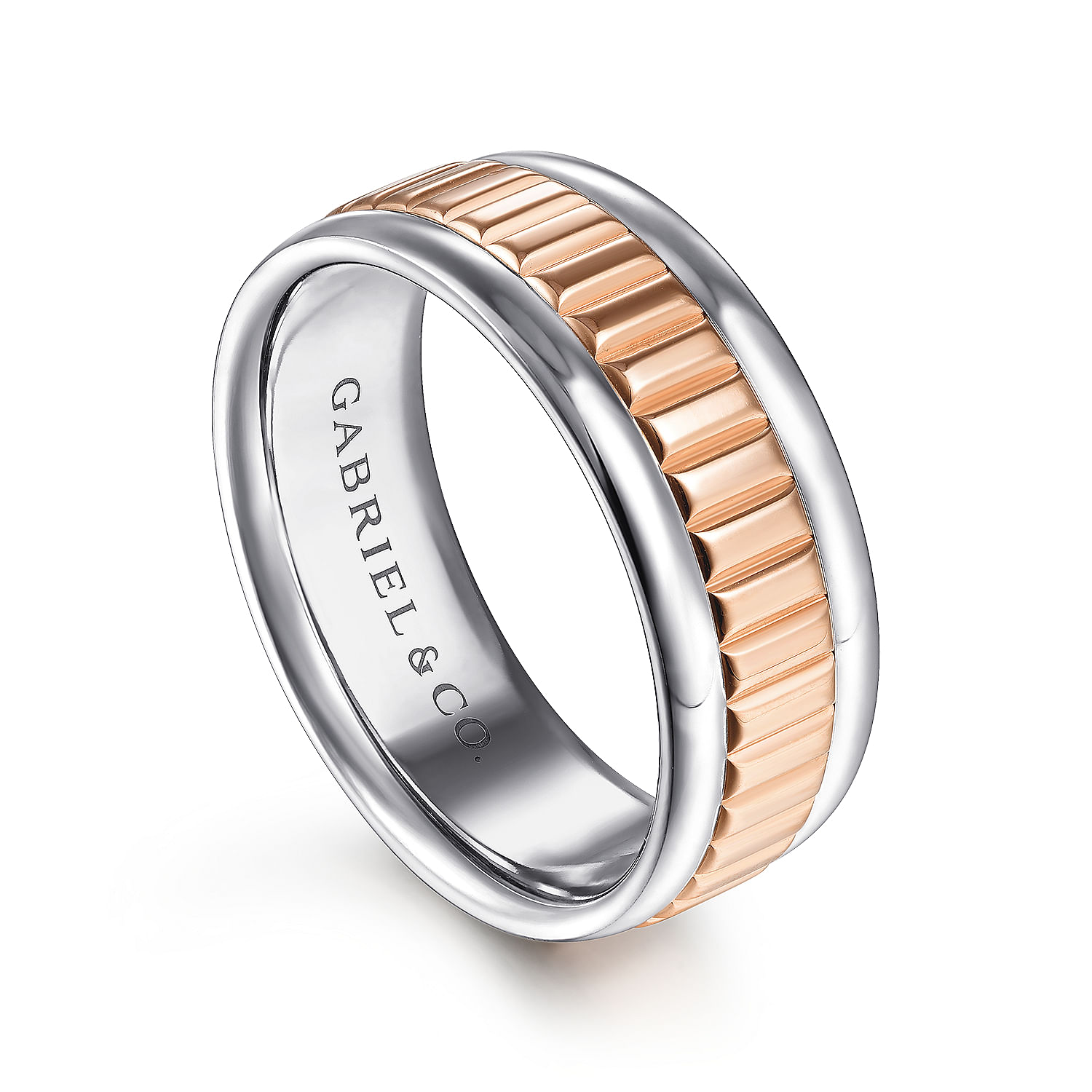 Allan - 14K White-Rose Gold 8mm - Two Tone Carved Men's Wedding Band in High Polish Finish - Shot 3