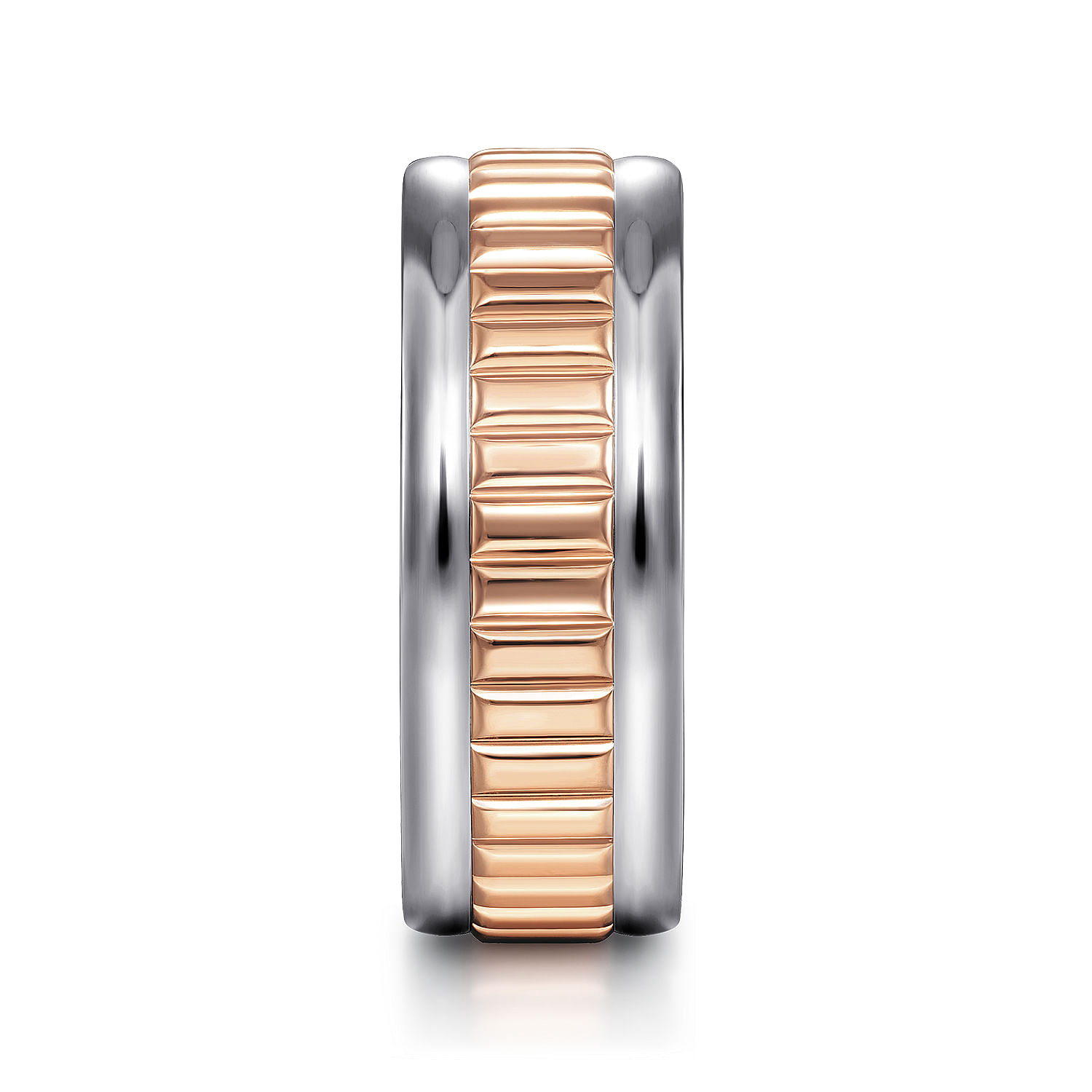 Allan - 14K White-Rose Gold 8mm - Two Tone Carved Men's Wedding Band in High Polish Finish - Shot 4