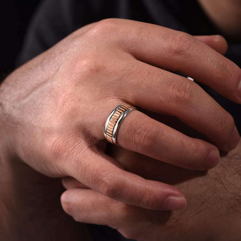 Allan - 14K White-Rose Gold 8mm - Two Tone Carved Men's Wedding Band in High Polish Finish - Shot 5