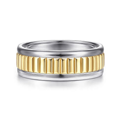 Allan - 14K White-Yellow Gold 8mm - Two Tone Carved Men's Wedding Band in High Polish Finish