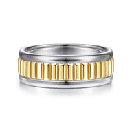Allan - 14K White-Yellow Gold 8mm - Two Tone Carved Men's Wedding Band in High Polish Finish