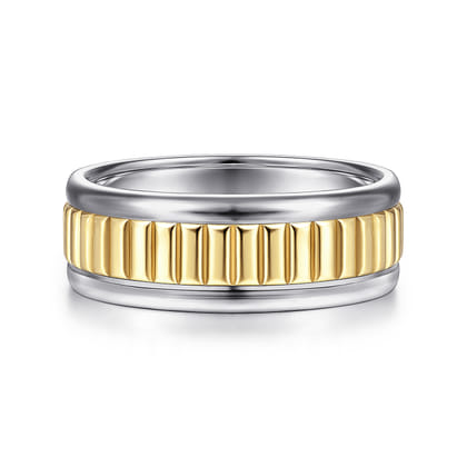 Allan - 14K White-Yellow Gold 8mm - Two Tone Carved Men's Wedding Band in High Polish Finish