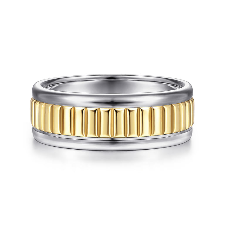 Allan - 14K White-Yellow Gold 8mm - Two Tone Carved Men's Wedding Band in High Polish Finish - Shot 1