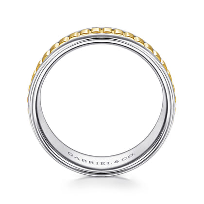 Allan - 14K White-Yellow Gold 8mm - Two Tone Carved Men's Wedding Band in High Polish Finish