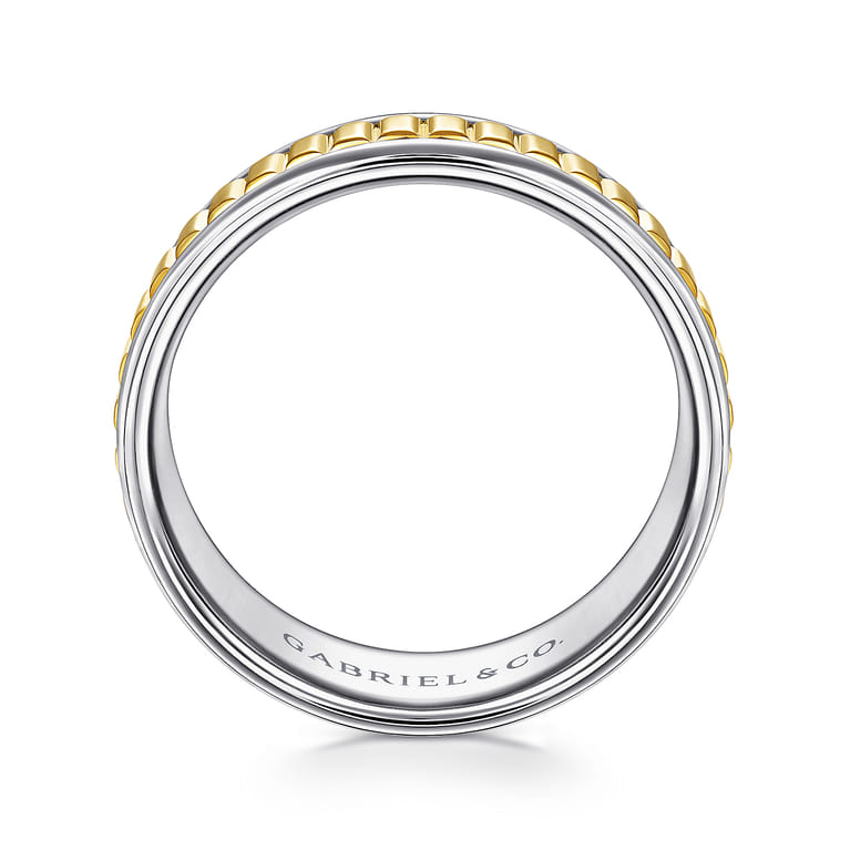 Allan - 14K White-Yellow Gold 8mm - Two Tone Carved Men's Wedding Band in High Polish Finish - Shot 2